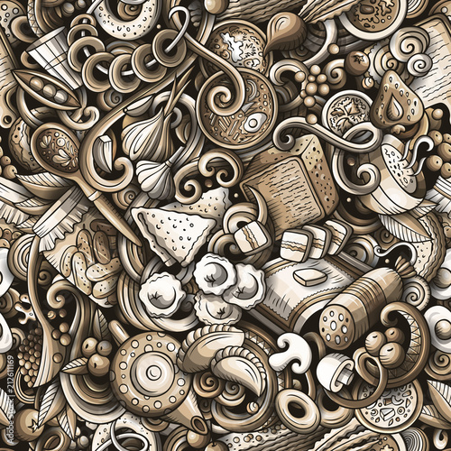 Cartoon cute doodles hand drawn Russian food seamless pattern