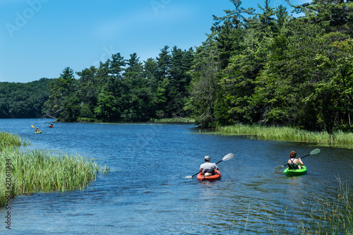 People Kayaking Down a River with Trees 