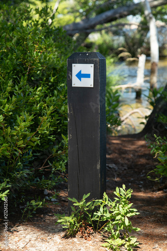 Wood Sign Post with Blue Arrow Pointing Left