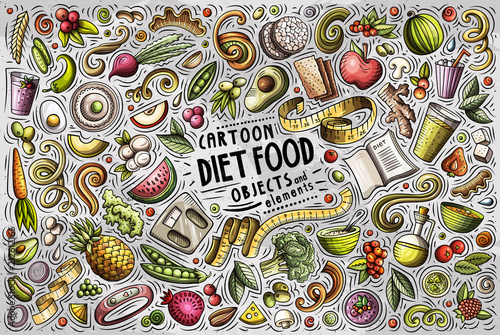 Colorful vector hand drawn doodle cartoon set of Diet food theme objects