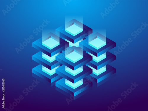 Cryptocurrency and blockchain, abstract isometric 3D illustration. Cryptocurrency mining farm, vector technology background.