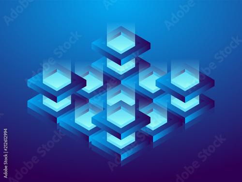 Cryptocurrency and blockchain, abstract isometric 3D illustration. Cryptocurrency mining farm, vector technology background.