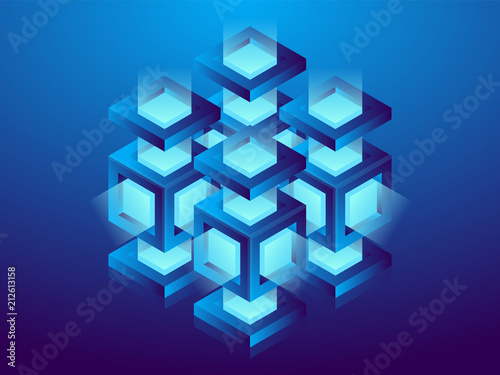 Cryptocurrency and blockchain  abstract isometric 3D illustration. Cryptocurrency mining farm  vector technology background.