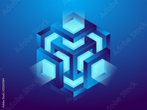 Cryptocurrency and blockchain, abstract isometric 3D illustration. Cryptocurrency mining farm, vector technology background.
