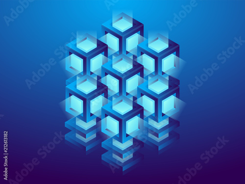 Cryptocurrency and blockchain, abstract isometric 3D illustration. Cryptocurrency mining farm, vector technology background.