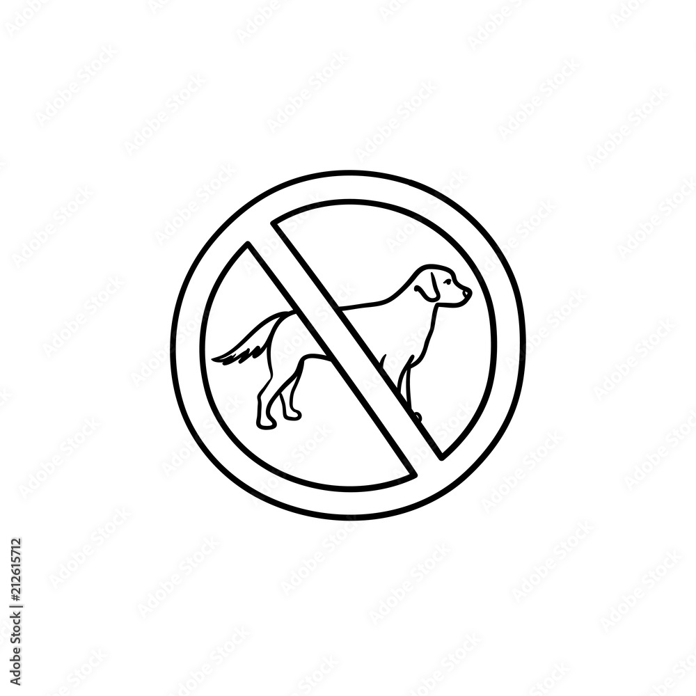 No dog allowed sign hand drawn outline doodle icon. Dog with stop sign as prohibiting, forbidden enter concept. Vector sketch illustration for print, web, mobile and infographics on white background.