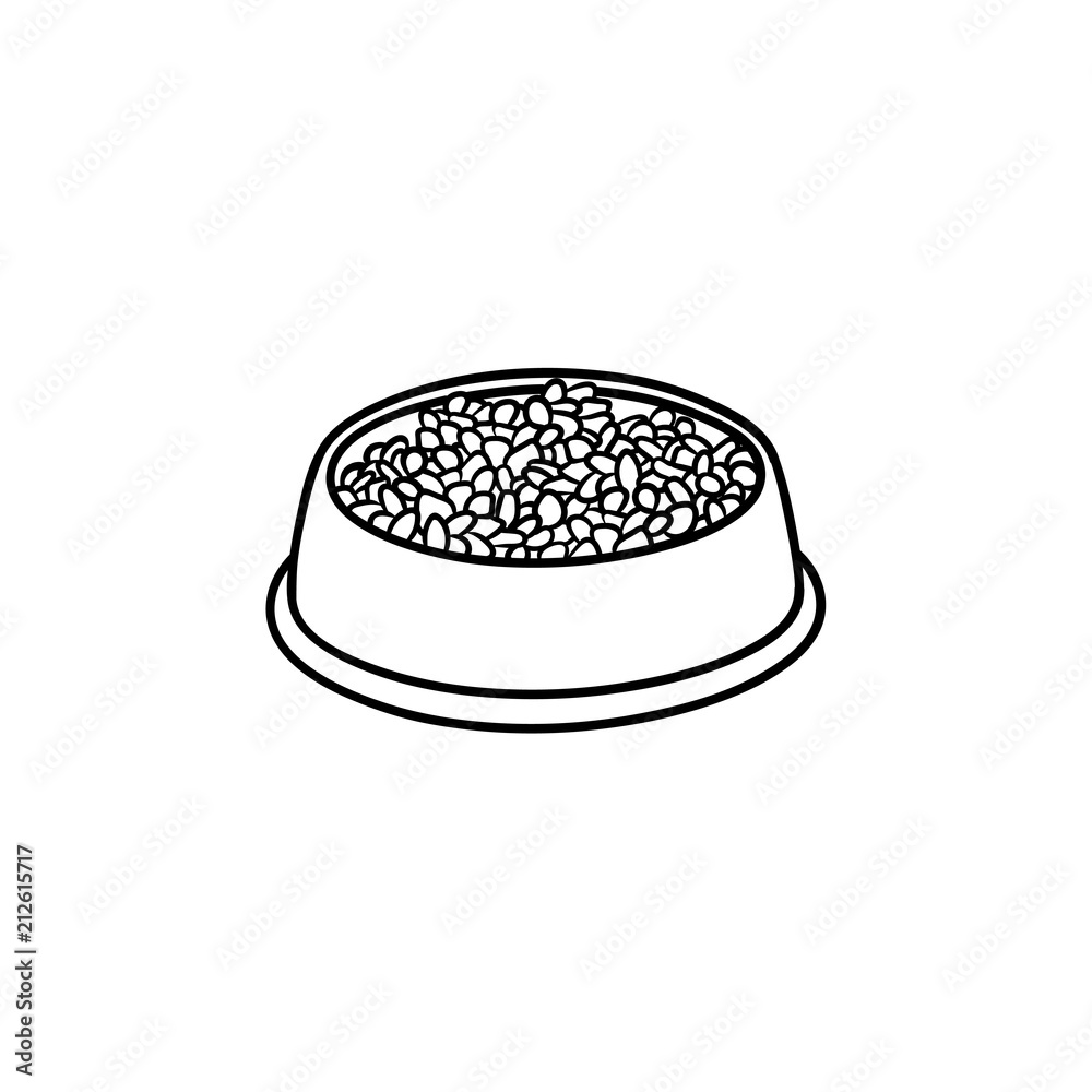 Dog bowl hand drawn outline doodle icon. Bowl full of pet food as pets