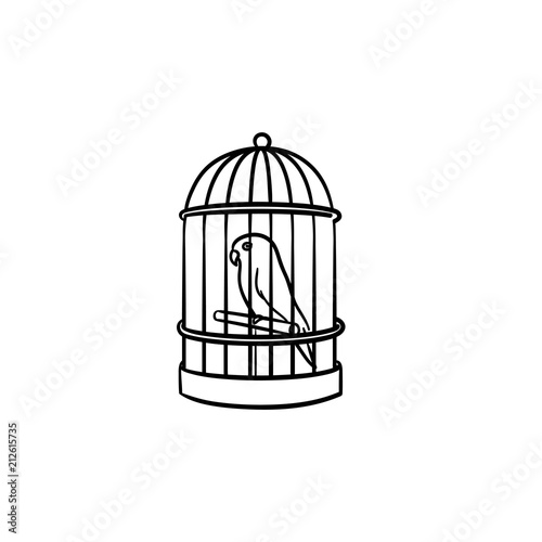 A bird in the trap hand drawn outline doodle icon. A parrot sitting in the birdcage as freedom and bird pet concept. Vector sketch illustration on white background.