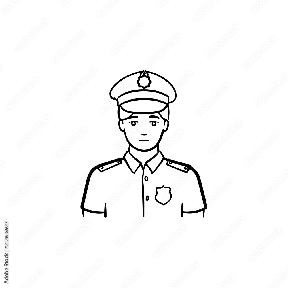 Policeman hand drawn outline doodle icon. Police officer in uniform as law, power and cop concept. Vector sketch illustration for print, web, mobile and infographics on white background Policeman hand drawn outline doodle icon. Police officer in uniform as law, power and cop concept. Vector sketch illustration for print, web, mobile and infographics on white background