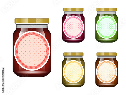 Glass jar with jam and configure. Vector illustration. Packaging collection. Label for jam. Bank realistic. Mock up glass jar with design label and logo.