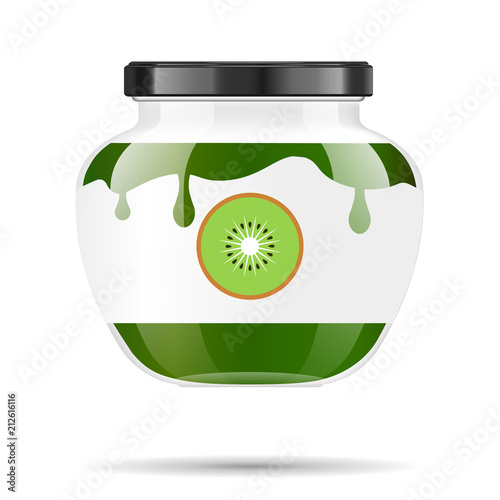 Glass jar with jam and configure with kiwi. Vector illustration. Packaging collection. Label for jam. Bank realistic. Mock up glass jar with design label and logo.