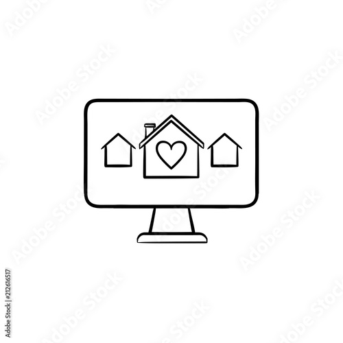 Real estate website hand drawn outline doodle icon. Monitor with houses as real estate advertising concept. Vector sketch illustration for print, web, mobile and infographics on white background