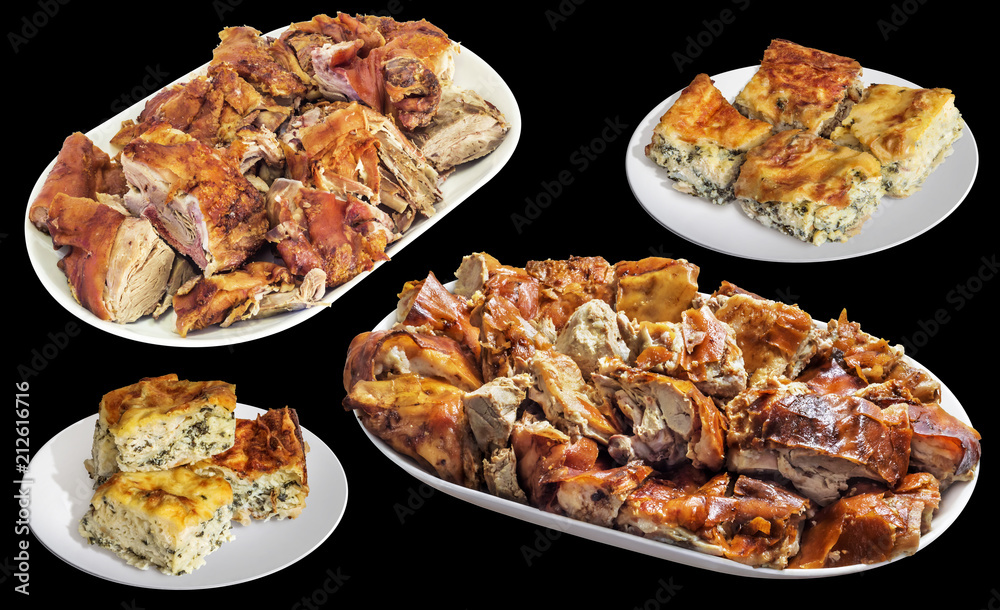 Platters with Fresh Spit Roasted Pork Meat and Tender Spinach Cheese Pie Slices Isolated on Black Background Platters with Fresh Spit Roasted Pork Meat and Tender Spinach Cheese Pie Slices Isolated on Black Background