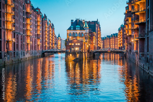 Hamburg Speicherstadt at twilight, Germany