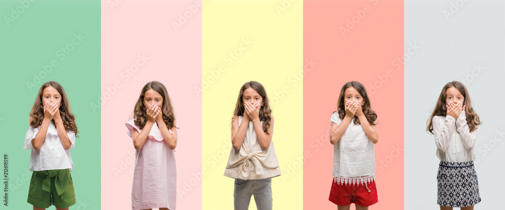 Obraz premium Collage of brunette hispanic girl wearing different outfits shocked covering mouth with hands for mistake. Secret concept.