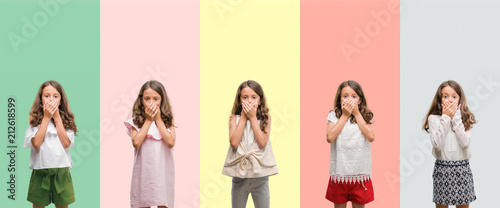 Collage of brunette hispanic girl wearing different outfits shocked covering mouth with hands for mistake. Secret concept.
