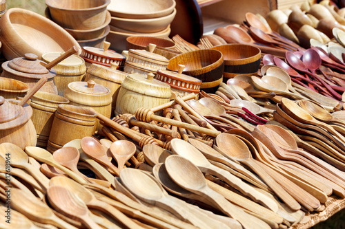 Wooden spoons and wooden bowls.