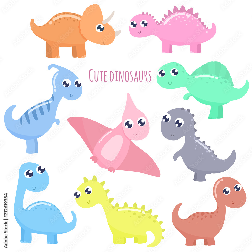 Cute cartoon dinosaurs set. Flat design.