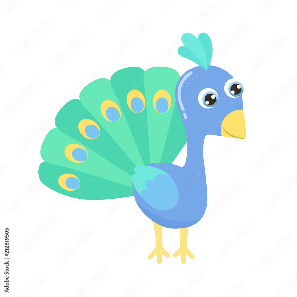 Obraz premium Cute cartoon peacock vector illustration. Flat design.