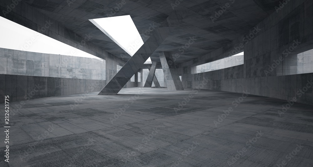 Abstract white and concrete parametric interior with window. 3D illustration and rendering. Abstract white and concrete parametric interior with window. 3D illustration and rendering.