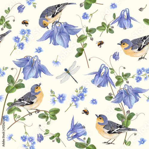 Blue flower bird pattern