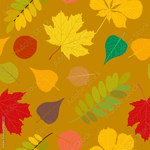 Seamless Autumn pattern Orange, yellow, brown red fall forest rowan, birch, tree leaves and herbs. Wallpaper, background beautiful, cute, trendy bright print photo