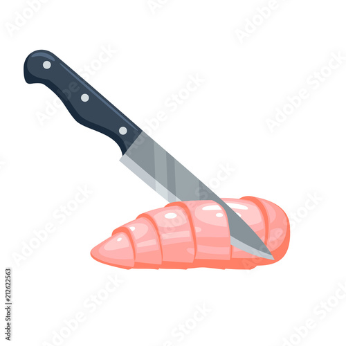 Chicken breast fillet cutting by knife. Vector illustration cartoon flat icon isolated on white.