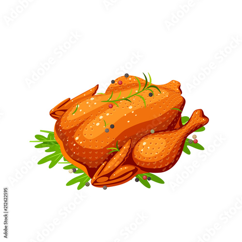 Fried whole chicken with spices and herbs. Vector illustration cartoon flat icon isolated on white.