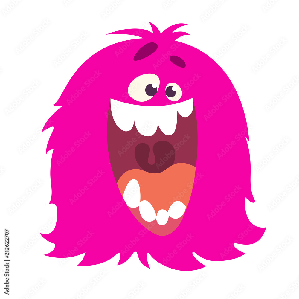 Happy cartoon furry monster screaming with big mouth. Vector Halloween illustration. Big set of cartoon monsters