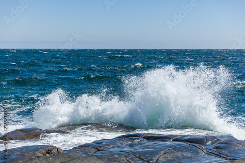 Waves splashing against the rocky seashore of Norway