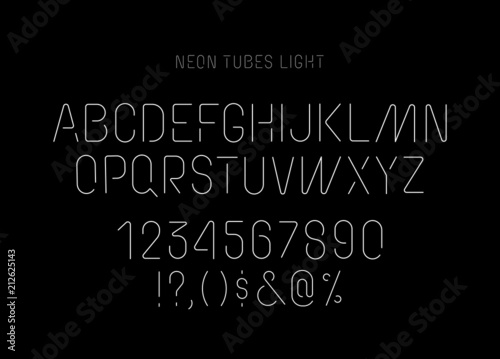 Neon tube font, uppercase and lowercase typography, numerals and symbols, soft and light minimalistic stencil letters for neon signs and advertising boards