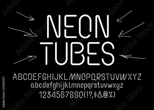 Neon tube font, uppercase and lowercase typography, numerals and symbols, soft and light minimalistic stencil letters for neon signs and advertising boards