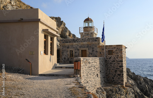 Hellenic navy lighthouse command of the medieval castle town of Monemvasia overlooking the Aegean sea. Monemvasia, Peloponnese, Greece, June 2018.