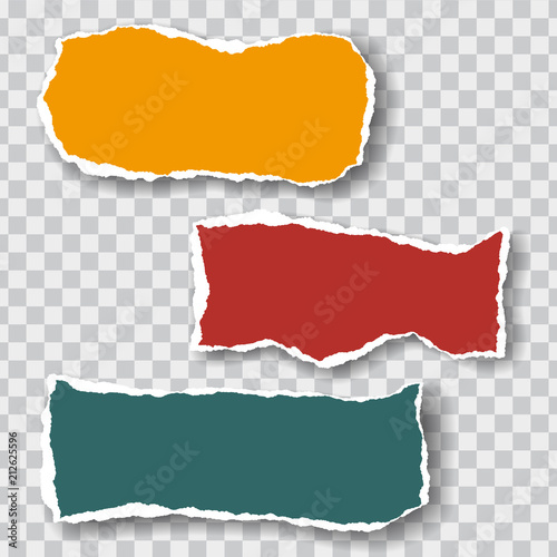 Three torn sheets of paper of different colors with shadow, isolated on a transparent background, suitable for infographics