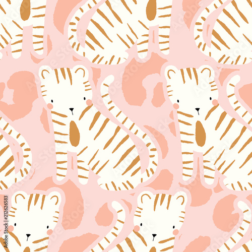 Vector seamless pattern with cute tigers on a pink jaguar spot background