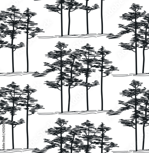 Hand drawn pine grove, seamless pattern, architect sketch