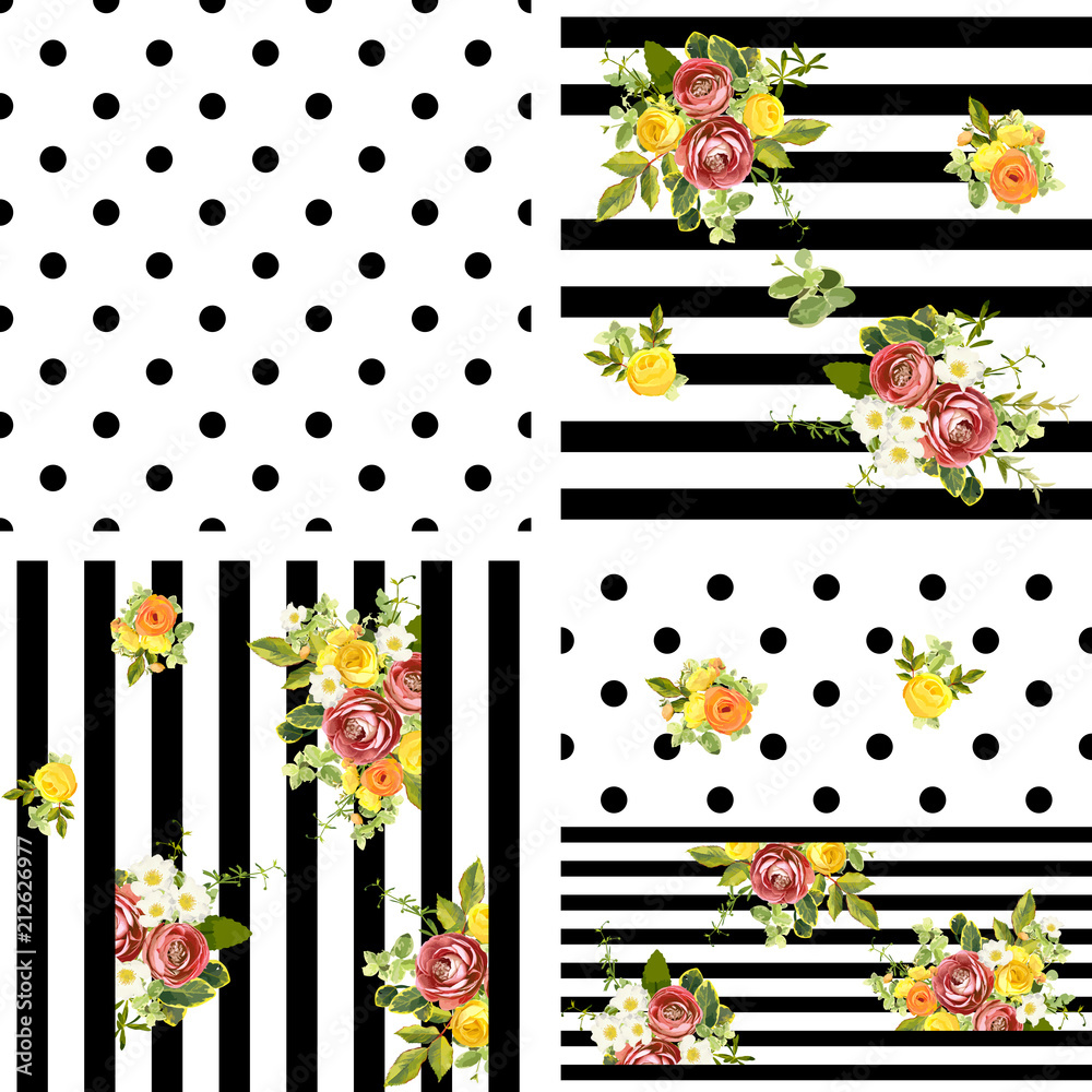 Obraz premium Seamless striped and dots style floral pattern. Vector illustration
