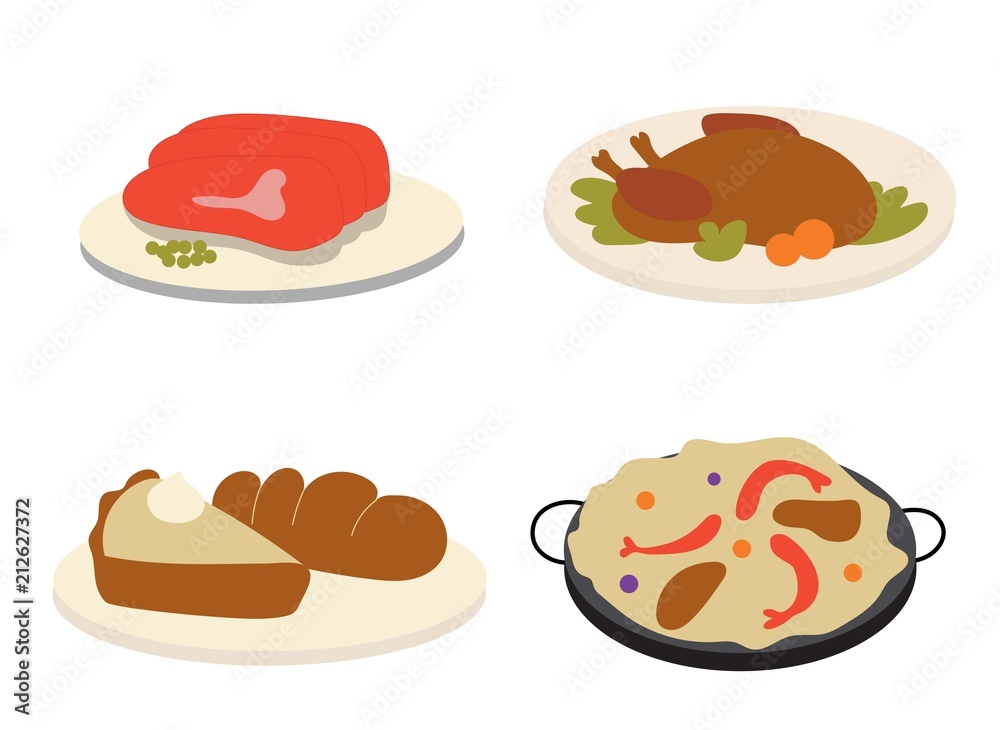 set of family meals like paella and chicken vector illustration set of family meals like paella and chicken vector illustration