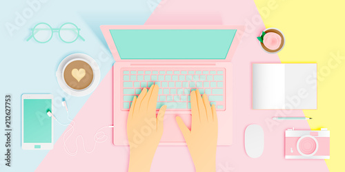 Workspace flat lay stationery in paper art style with pastel color scheme