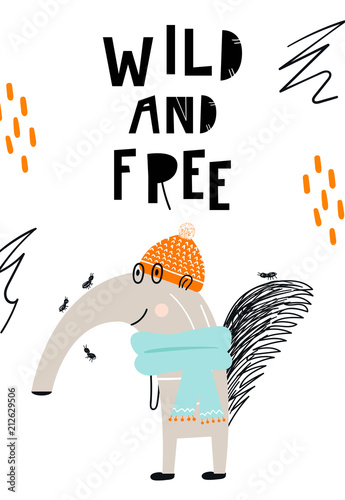 Cute hand drawn nursery poster with ant-eater animal and lettering. Vector illustration in candinavian style. photo