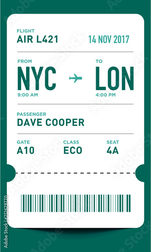 E-Ticket or Boarding Pass Card Template with Bar Code. Flight Ticket Pass Design. 