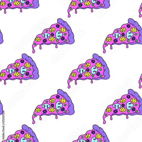 Crazy pizza seamless pattern. White background.