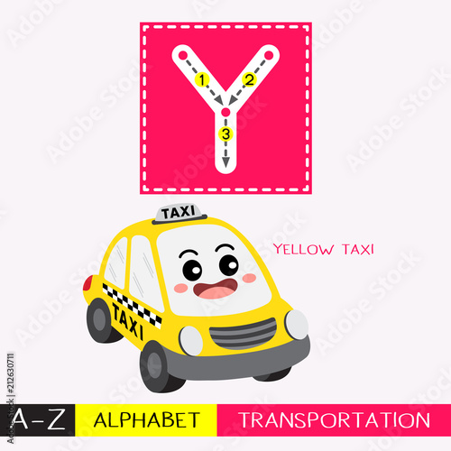 Letter Y uppercase children colorful transportations ABC alphabet tracing flashcard for kids learning English vocabulary and handwriting Vector Illustration.
