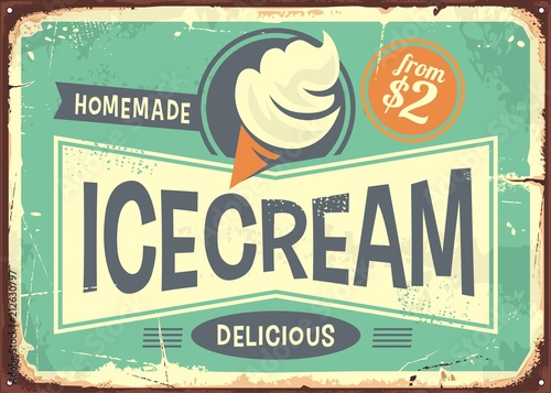 Ice cream promotional retro poster or sign board design. Vintage metal sign for delicious ice cream in a cone. 