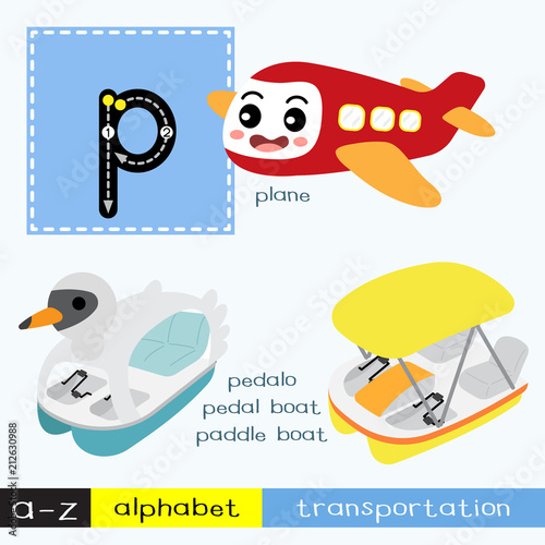 Letter P lowercase children colorful transportations ABC alphabet tracing flashcard for kids learning English vocabulary and handwriting Vector Illustration.