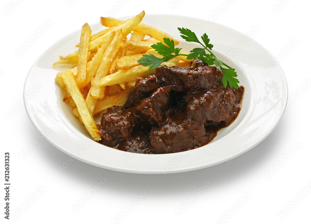 carbonade flamande with frites , flemish beef stew, belgian cuisine Stock  Photo | Adobe Stock