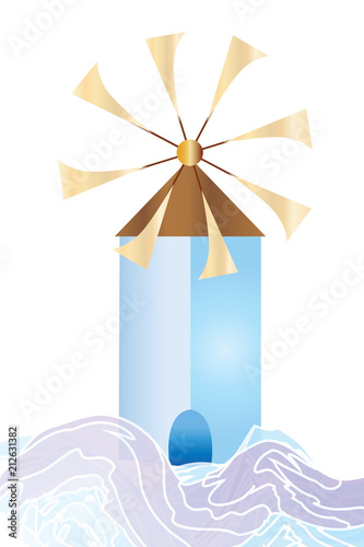 greek island windmill vector with sea waves - white background