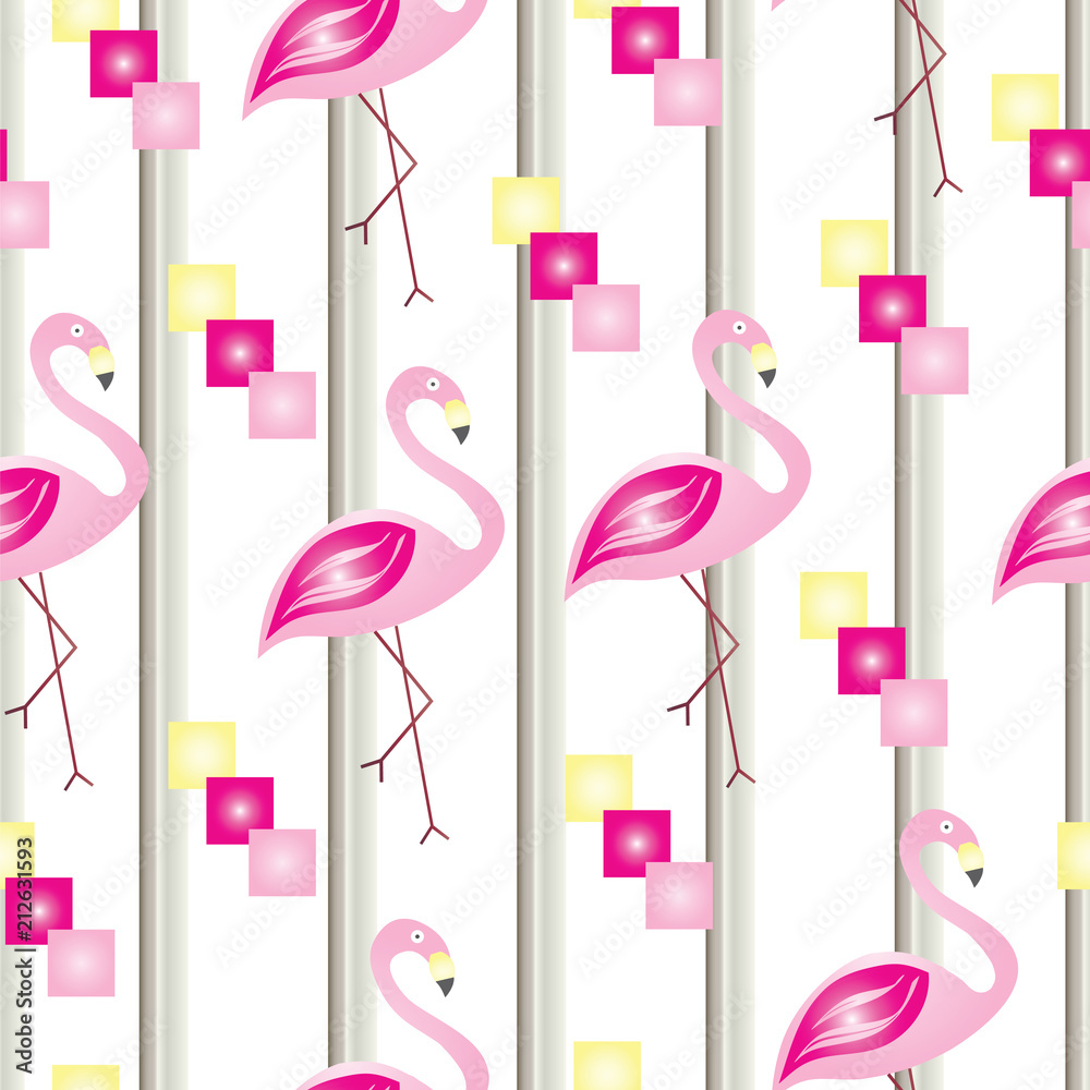 striped seamless pattern with flamingos and squares