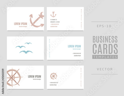Business cards in marine style with hand drawn wheel, anchor and birds.