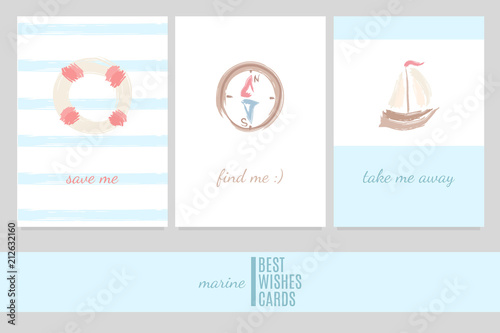Greeting cards in a marine style with ship, lifebuoy, compass and inscriptions: 